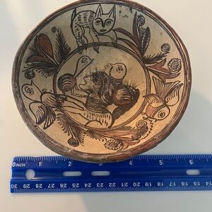 Vintage Mexican Tonalá burnished pottery bowl cat hand-painted folk art